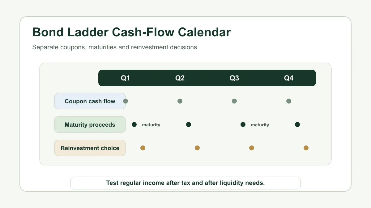 Bond ladder cash-flow calendar showing coupon payments and maturity proceeds.