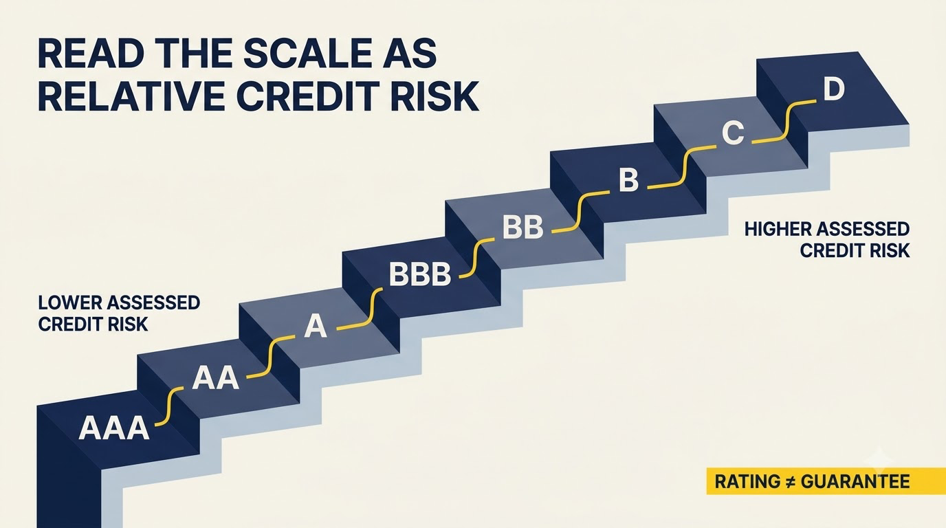 Relative corporate bond credit-rating scale from AAA to D