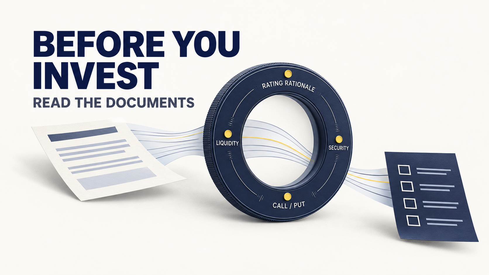 Bond document moving through a due-diligence review for rating, security, call and put options, liquidity and issue documents.